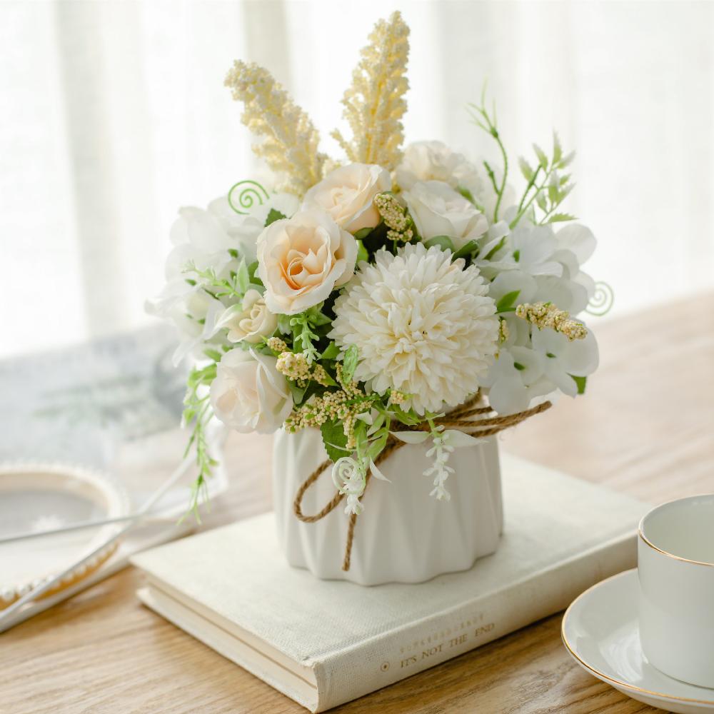 Fake Flowers with Vase, Artificial Flowers in Vase, Table Centerpieces for Dining Room, Silk Flower Arrangements Set