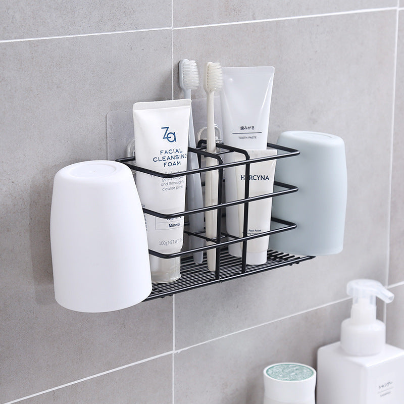Non-Drilling Iron Toothbrush Holder Bathroom Cup Toothpaste Storage Rack Modern Nordic Wall Sticking Tray