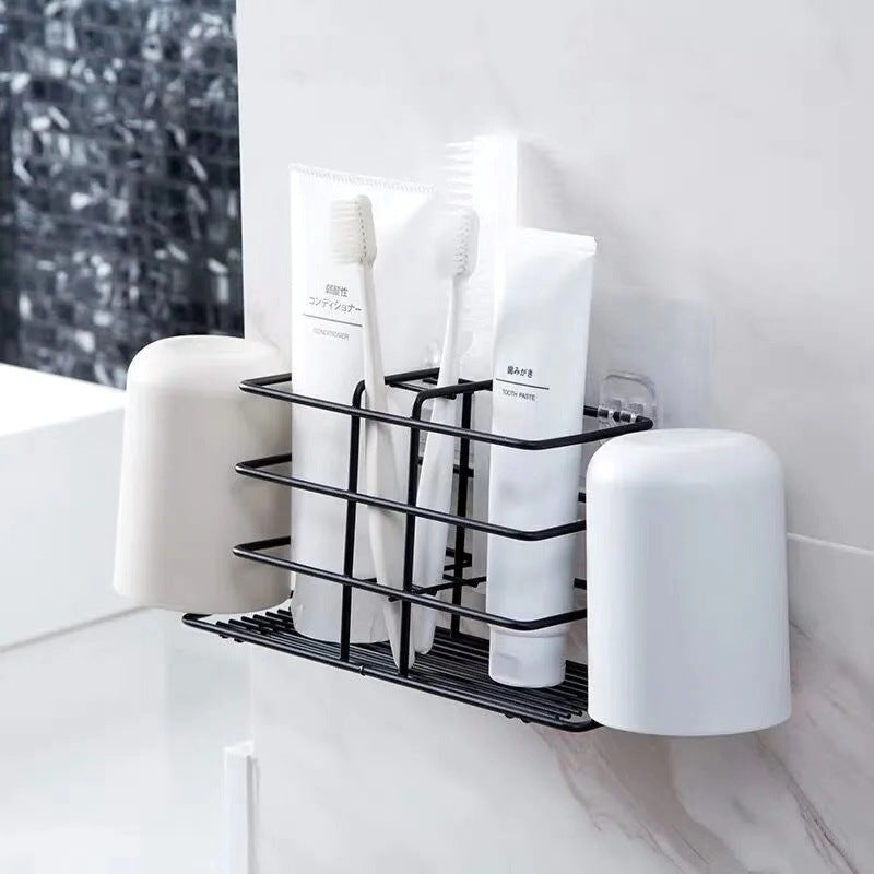 Non-Drilling Iron Toothbrush Holder Bathroom Cup Toothpaste Storage Rack Modern Nordic Wall Sticking Tray