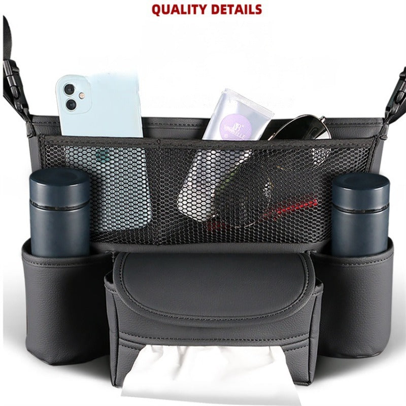 Car Seat Back Organizer Durable Leather Car Handbag Holder Between Seats with 2 Cup Holders