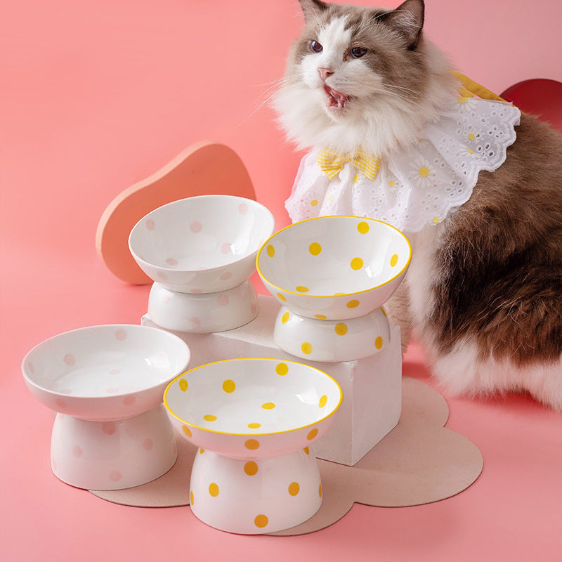 Neck Protection Pet Bowl Hepburn Style Polka Dot Cat Bowl Ceramic High-Foot Spine Protection Pet Bowl Oblique Cat Bowl