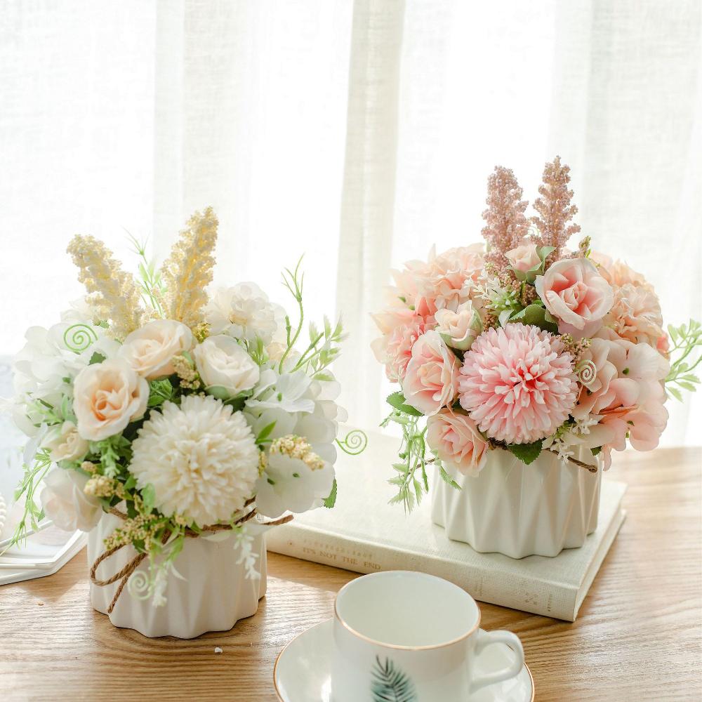 Fake Flowers with Vase, Artificial Flowers in Vase, Table Centerpieces for Dining Room, Silk Flower Arrangements Set