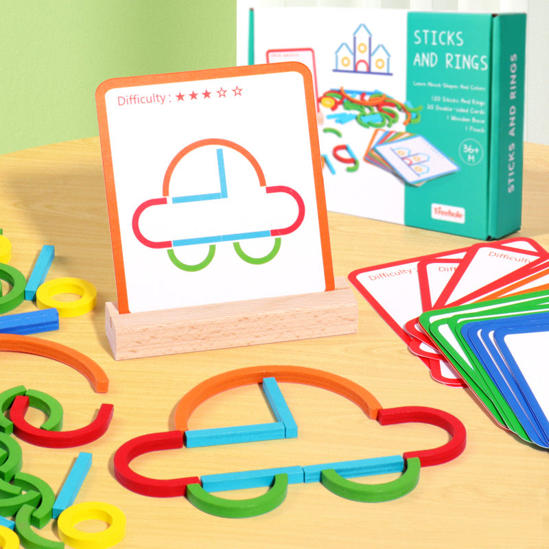 Wooden Creative Stick And Ring Puzzle Intelligence Game Wooden Pattern Blocks Stem Toys Montessori Early Educational Toys For Kids