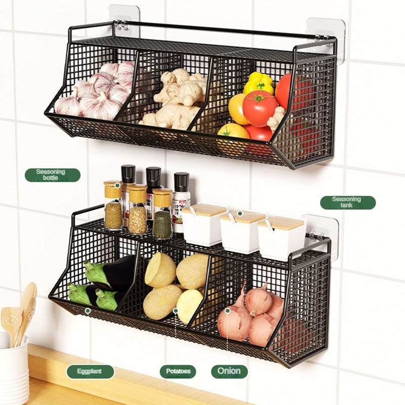 Kitchen Wall Hanging Basket Free Punching Onion Ginger Garlic Storage Rack Cross Three Grid Multi-functional Kitchen Spice Rack