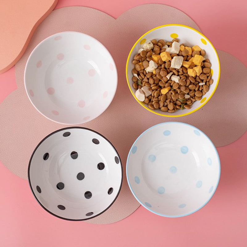 Neck Protection Pet Bowl Hepburn Style Polka Dot Cat Bowl Ceramic High-Foot Spine Protection Pet Bowl Oblique Cat Bowl
