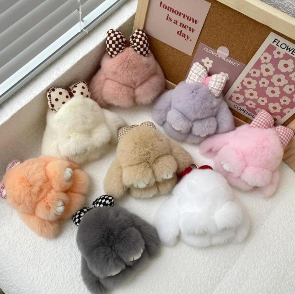 Cute Real Rex Rabbit Fur Bow Bunny Car Keychain Pendant ins Plush Doll School Bag Ornaments For Gifts
