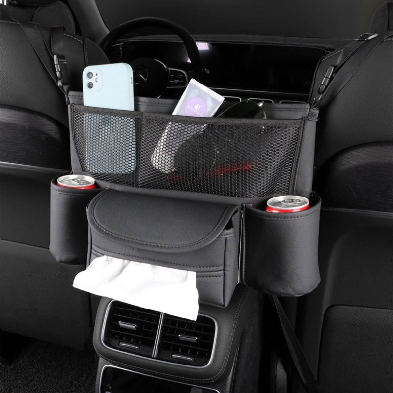 Car Seat Back Organizer Durable Leather Car Handbag Holder Between Seats with 2 Cup Holders