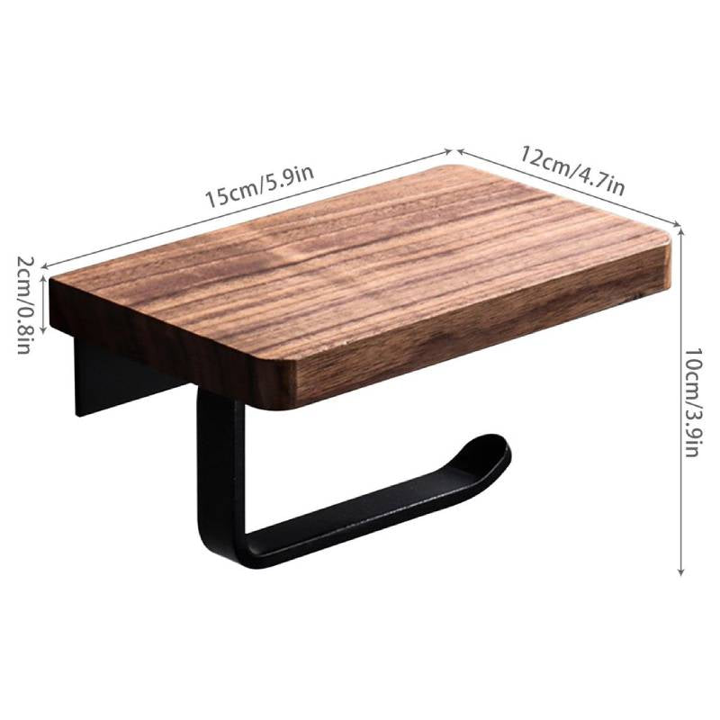 Toilet Paper Holder with Natural Walnut Shelf Tissue Roll Hanger Wall Mounted Paper Towel Bar Modern Big Storage Sturdy