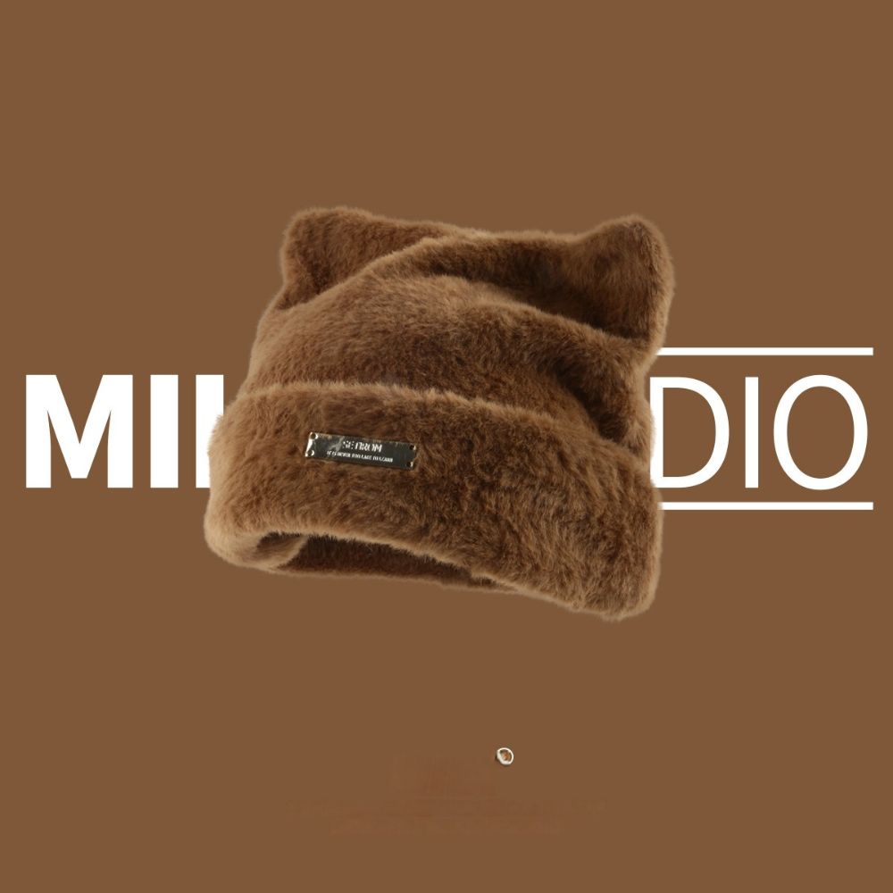Korean Version Cute Cat Ears Imitation Mink Wool Knitted Hat Female Autumn Winter Thick Plush Warm And Soft