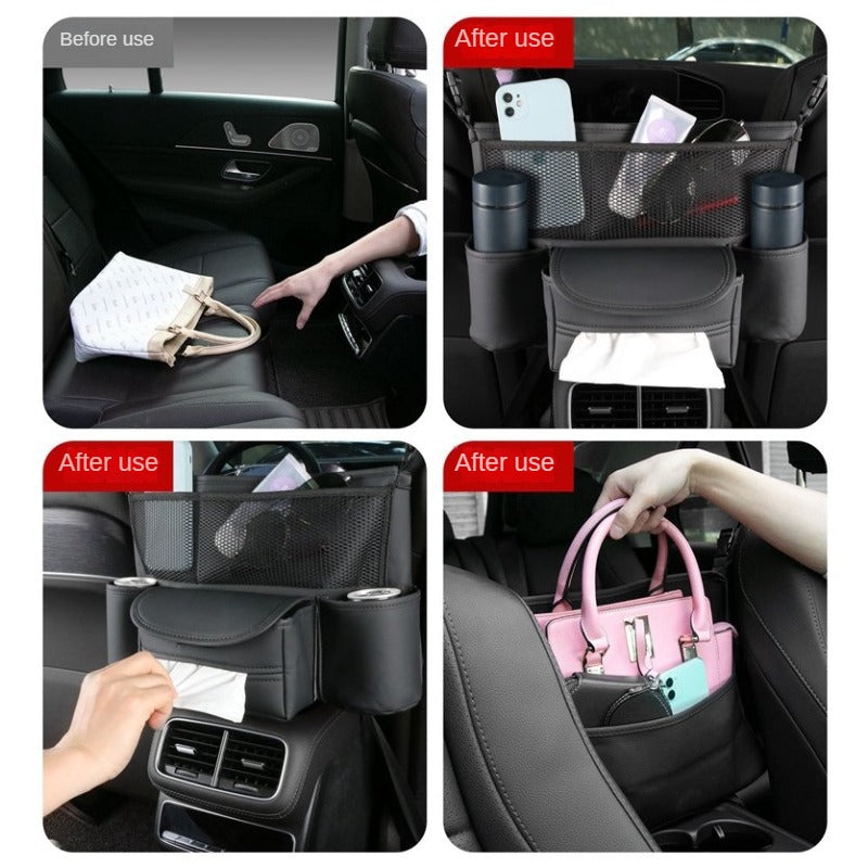 Car Seat Back Organizer Durable Leather Car Handbag Holder Between Seats with 2 Cup Holders