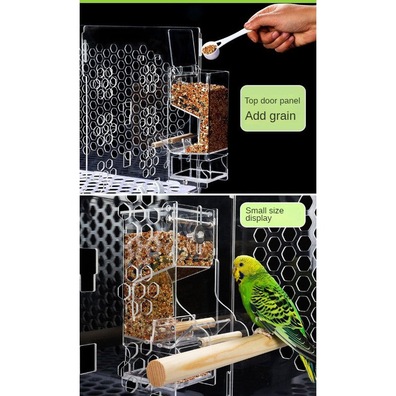 Bird Feeder for Cage Seed Food Container Acrylic Clean with Perch Parrot Feeder for Cockatiel Cockatoo Lovebirds Budgie