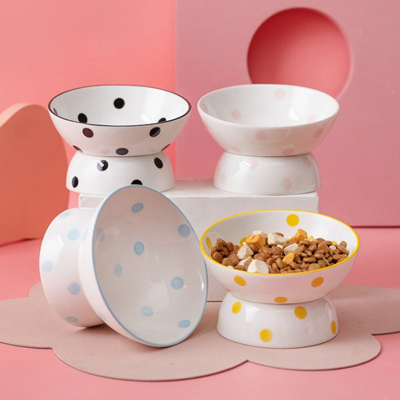 Neck Protection Pet Bowl Hepburn Style Polka Dot Cat Bowl Ceramic High-Foot Spine Protection Pet Bowl Oblique Cat Bowl