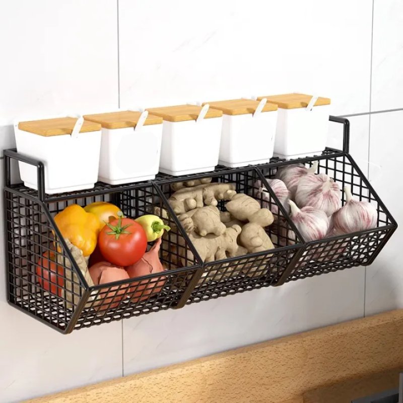 Kitchen Wall Hanging Basket Free Punching Onion Ginger Garlic Storage Rack Cross Three Grid Multi-functional Kitchen Spice Rack