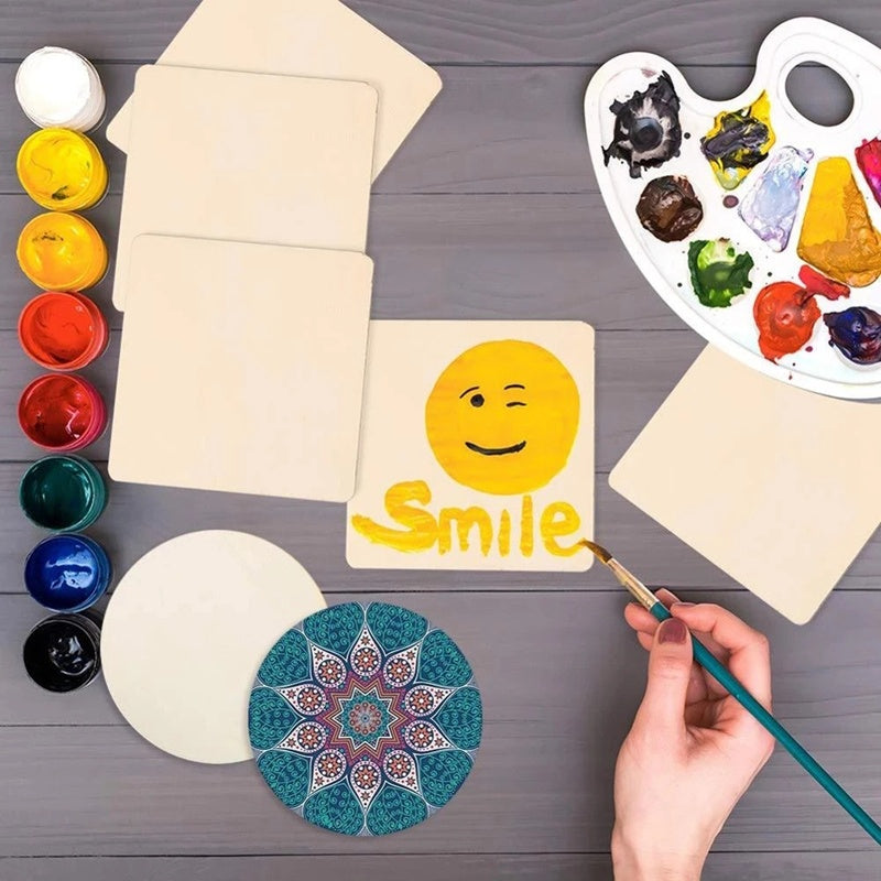 50Pcs Wood Slices 4X4Inch Unfinished Wood Pieces Square and Round Wooden for DIY Coaster Arts Painting Staining Crafts