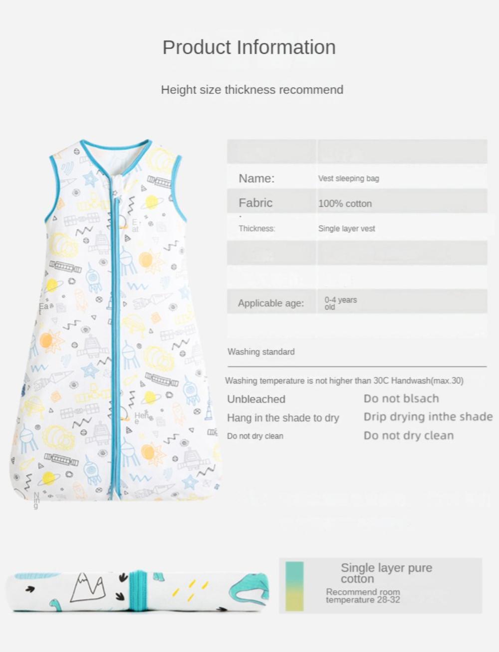 Breathable Cotton Baby Wearable Blanket with 2-Way Zipper, Super Soft Lightweight Sleeveless Sleep Bag Sack Clothes