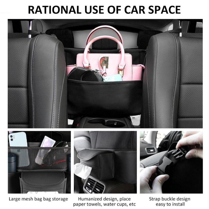 Car Seat Back Organizer Durable Leather Car Handbag Holder Between Seats with 2 Cup Holders