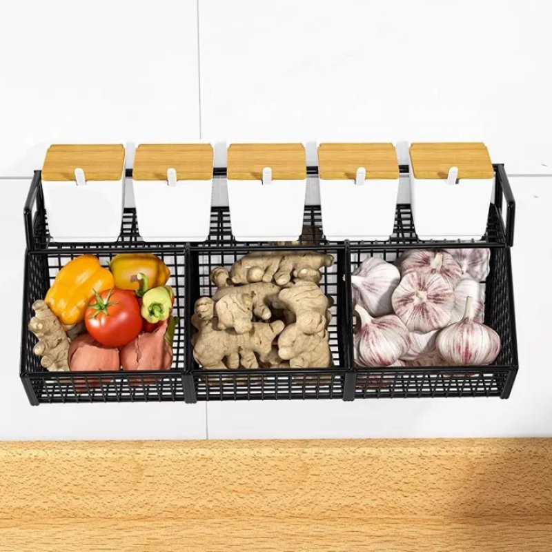 Kitchen Wall Hanging Basket Free Punching Onion Ginger Garlic Storage Rack Cross Three Grid Multi-functional Kitchen Spice Rack