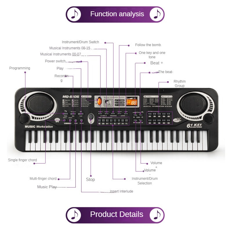 Kids Electronic Piano Keyboard 61 Keys Organ with Microphone / 24 Keys Education Toys Musical Instrument Gift for Child Beginner