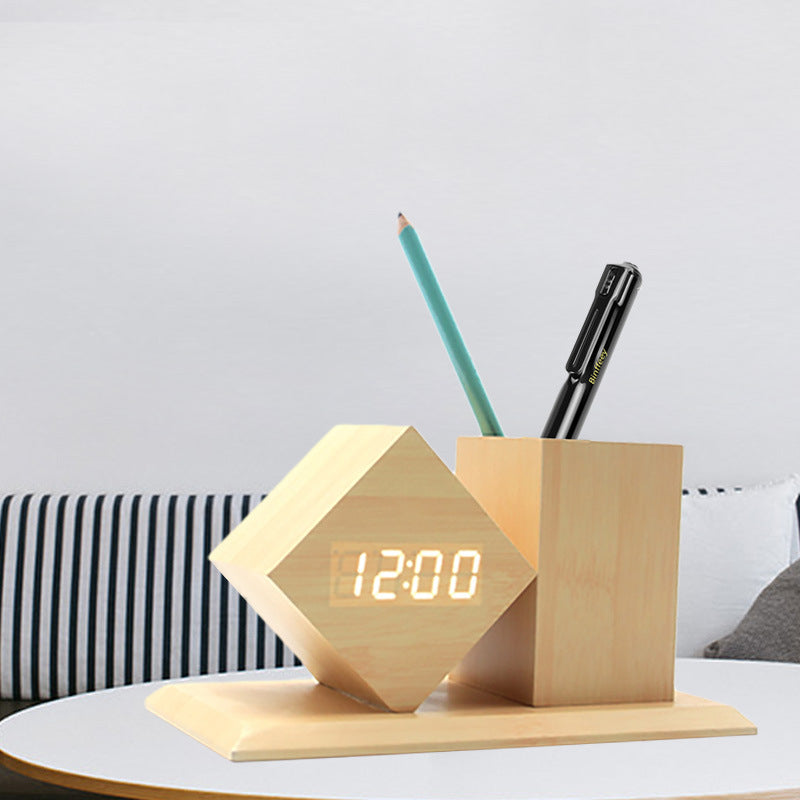 New Wooden Clock Student Gift Electronic Clock Creative Pen Holder Alarm Clock For Home and Office
