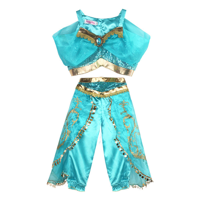 Kids Aladdin Costume Princess Jasmine Outfit Girls Sequin Party Fancy Dress Cosplay Children Clothes Party Occasions