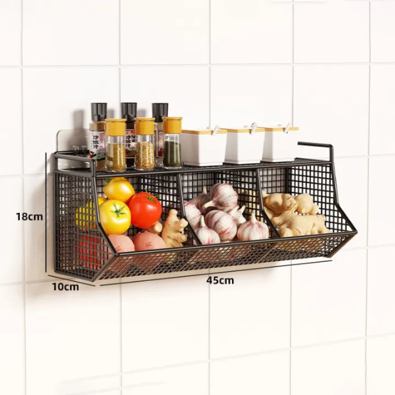 Kitchen Wall Hanging Basket Free Punching Onion Ginger Garlic Storage Rack Cross Three Grid Multi-functional Kitchen Spice Rack
