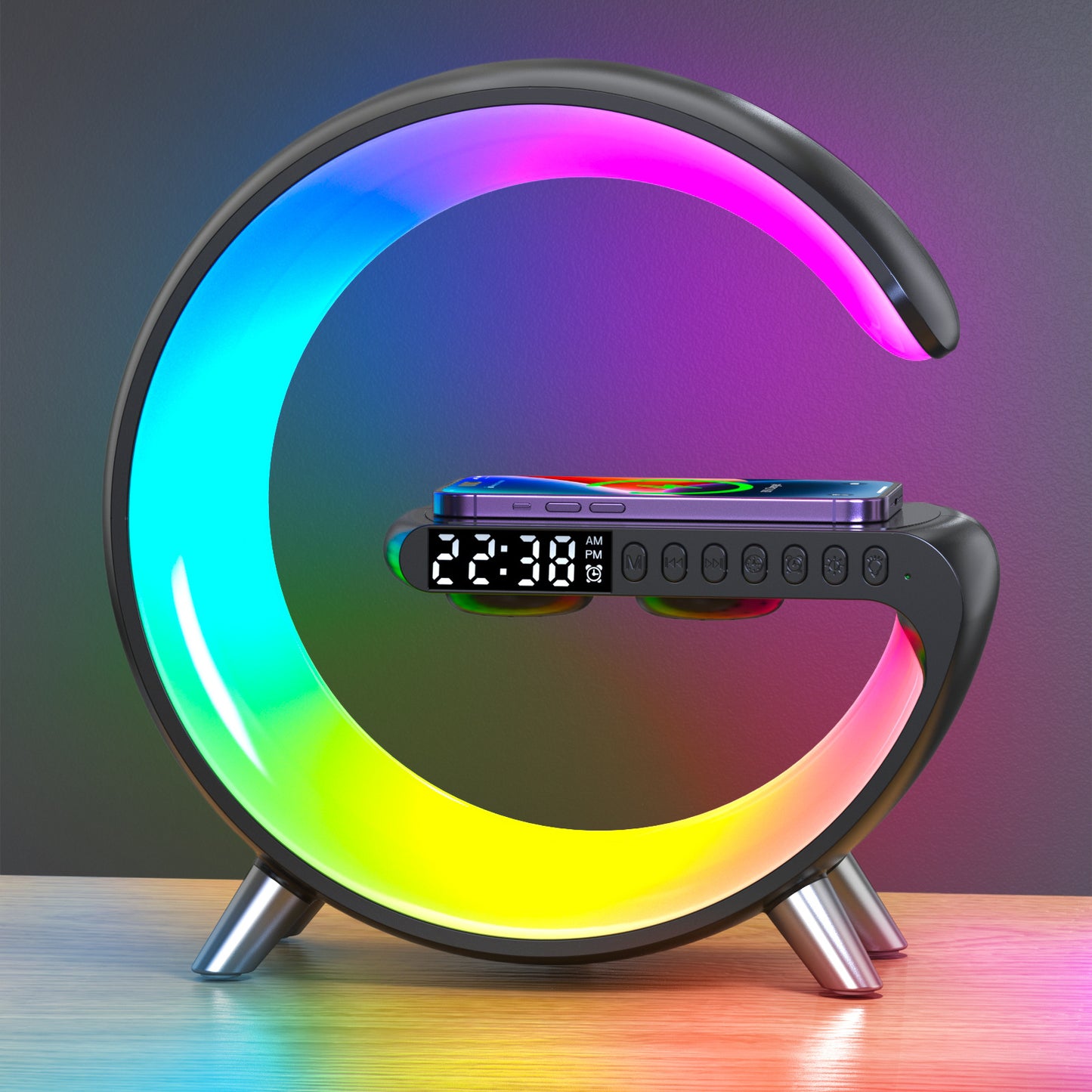 Night Light Speaker Alarm Clock G Shape LED Wireless Charging Speaker Timer Alarm Clock Color Changing Wireless