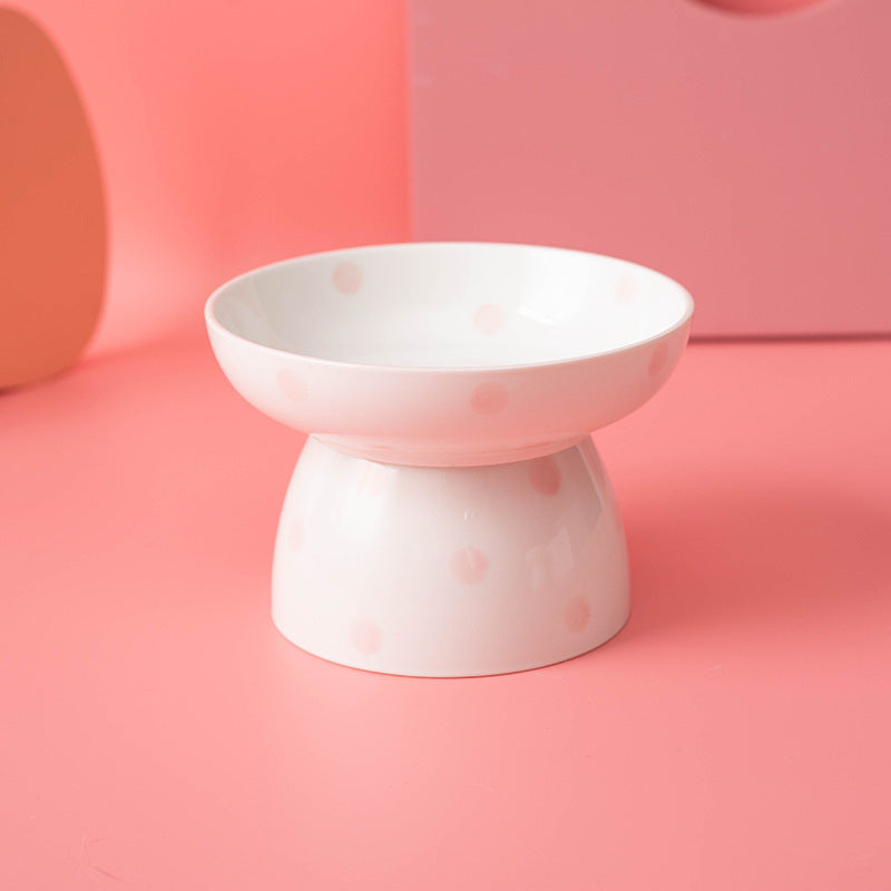 Neck Protection Pet Bowl Hepburn Style Polka Dot Cat Bowl Ceramic High-Foot Spine Protection Pet Bowl Oblique Cat Bowl