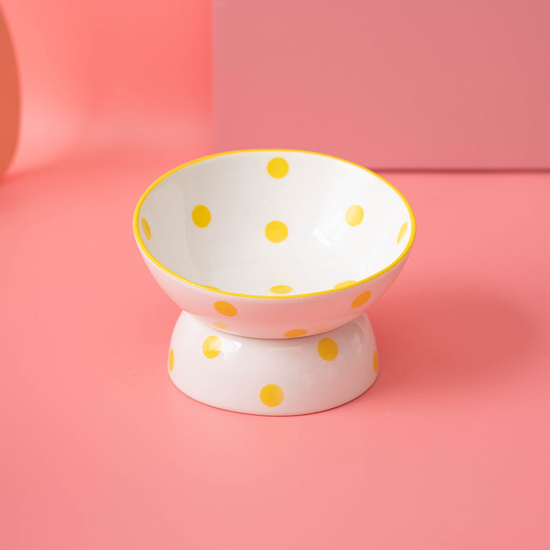 Neck Protection Pet Bowl Hepburn Style Polka Dot Cat Bowl Ceramic High-Foot Spine Protection Pet Bowl Oblique Cat Bowl