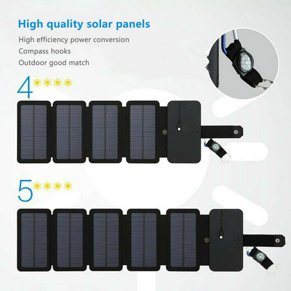 Portable Solar Charger 5 Folding USB Solar Panel Battery Charger for Outdoor Hiking