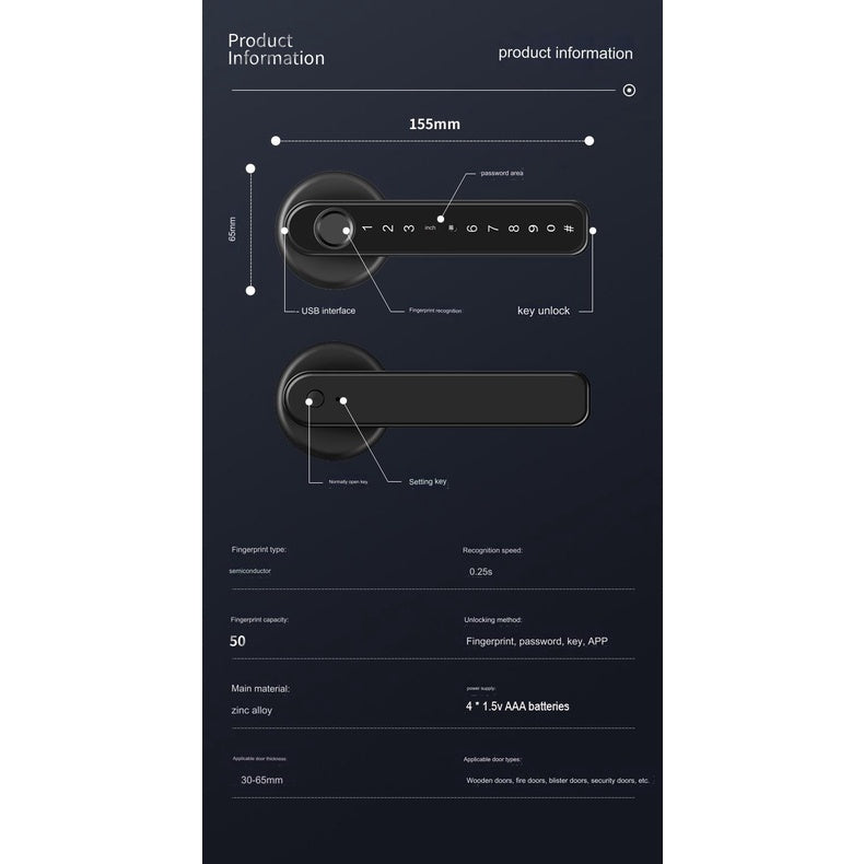 Smart Door Lock Remote Unlock Fingerprint Handle Lock HDB Password Door Lock Smart Door Knob Lock Apartment Bedroom