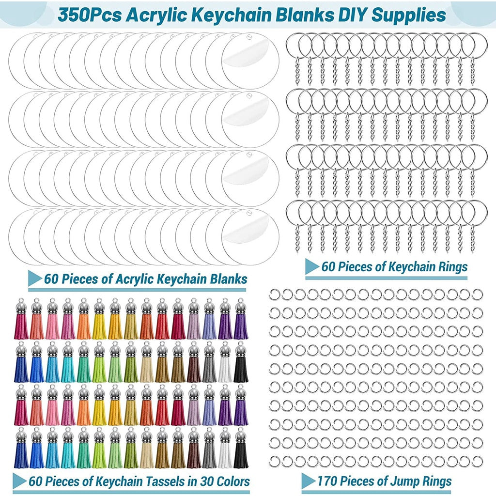 350Pcs Acrylic Clear Keychain Blanks for Vinyl with Blanks, Tassels, Jump Rings, Keychain Rings for DIY Keychain Craft