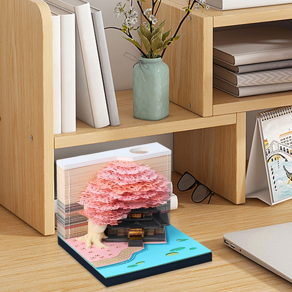 3D Desk Calendar Creative Calendar Memo Pad with LED Lights Pen Holder Tear-Away 3D Art Calendar for Home Office