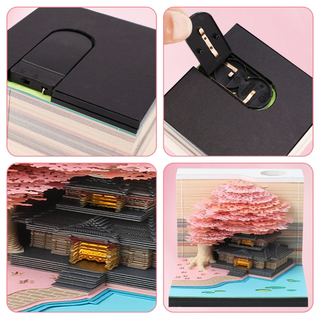 3D Desk Calendar Creative Calendar Memo Pad with LED Lights Pen Holder Tear-Away 3D Art Calendar for Home Office