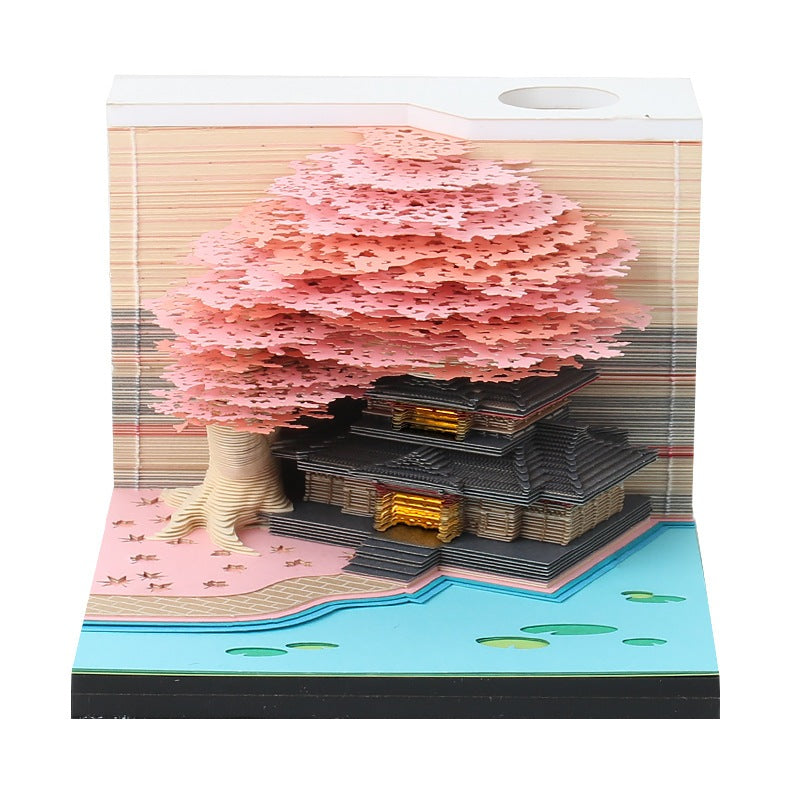 3D Desk Calendar Creative Calendar Memo Pad with LED Lights Pen Holder Tear-Away 3D Art Calendar for Home Office