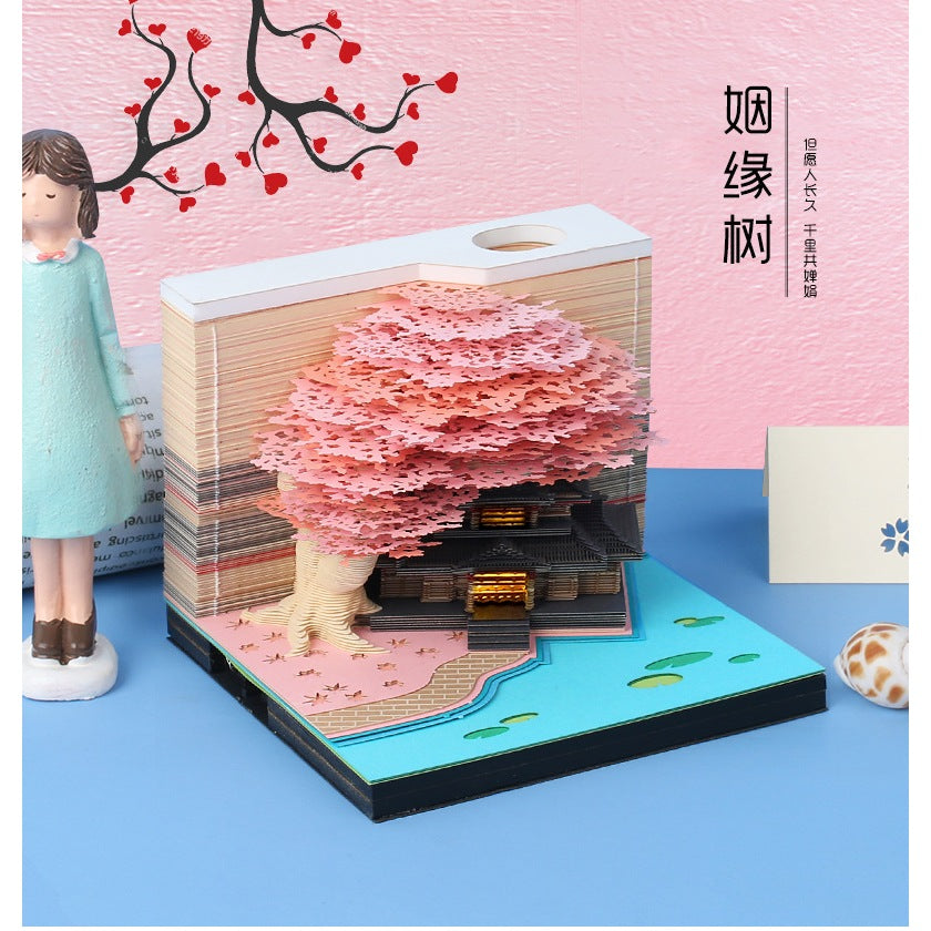 3D Desk Calendar Creative Calendar Memo Pad with LED Lights Pen Holder Tear-Away 3D Art Calendar for Home Office