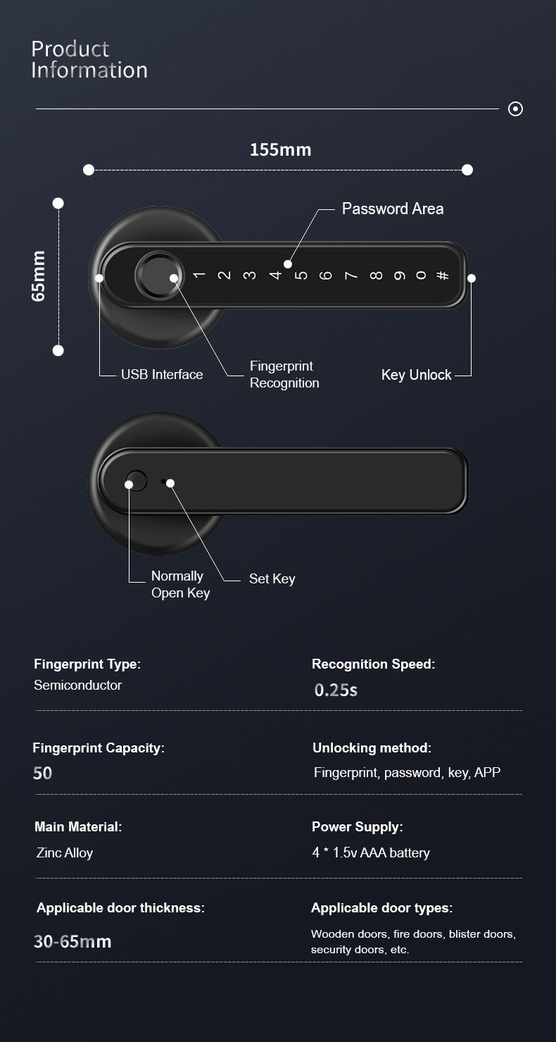 Smart Door Lock Remote Unlock Fingerprint Handle Lock HDB Password Door Lock Smart Door Knob Lock Apartment Bedroom