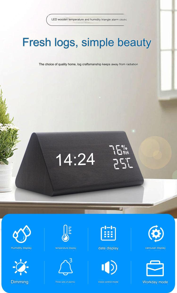 Wooden LED Alarm Clock Voice Control Humidity Temperature Display Digital Clock Home Electronic Thermometer Modern Bed