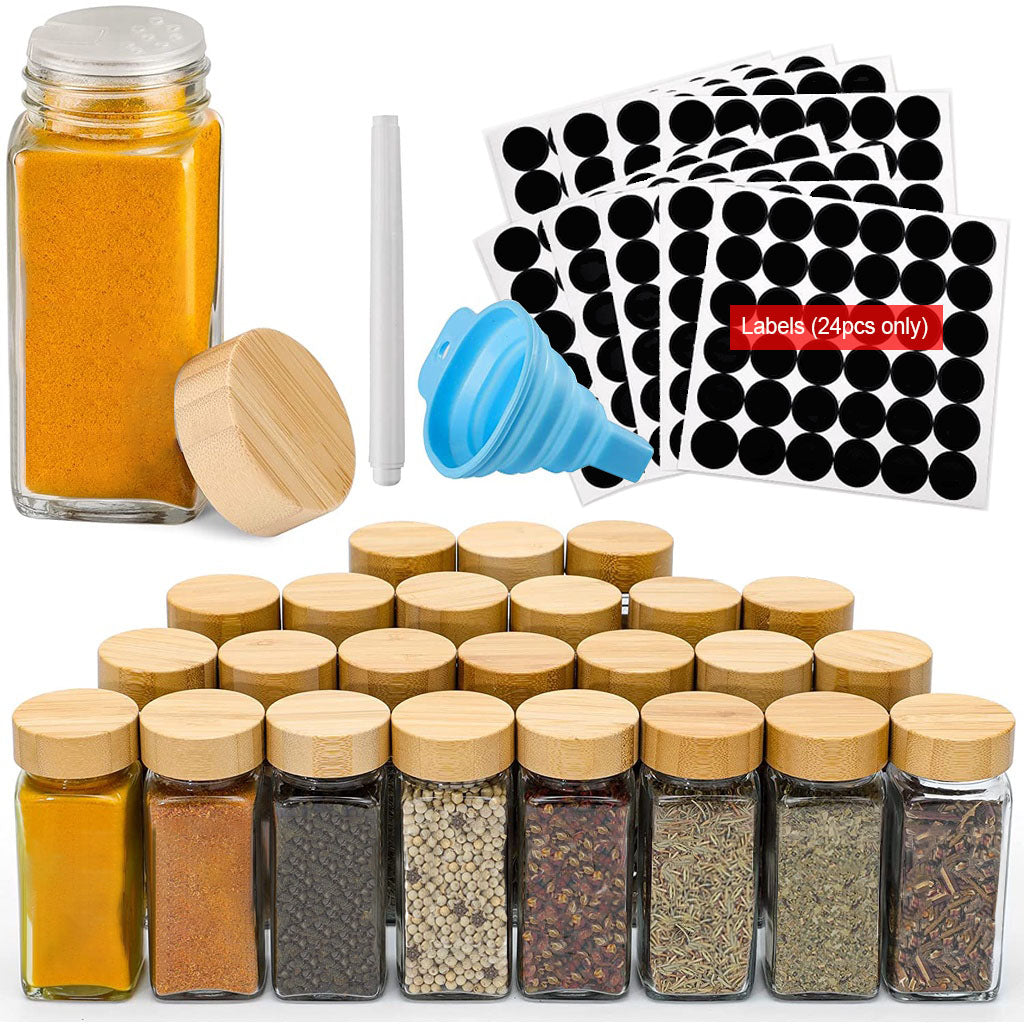 24 pieces Labeled Spice Jars Empty Square Spice Containers Airtight Wood Caps Kitchen Condiment Storage