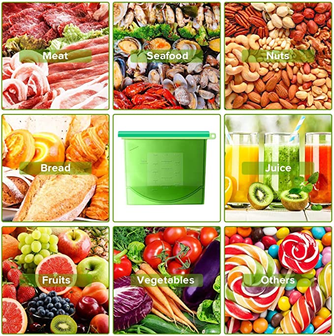 4 Pcs Vacuum Silicone Storage Bag Sealed Food Fruits Container Resealable 1 Liter Capacity