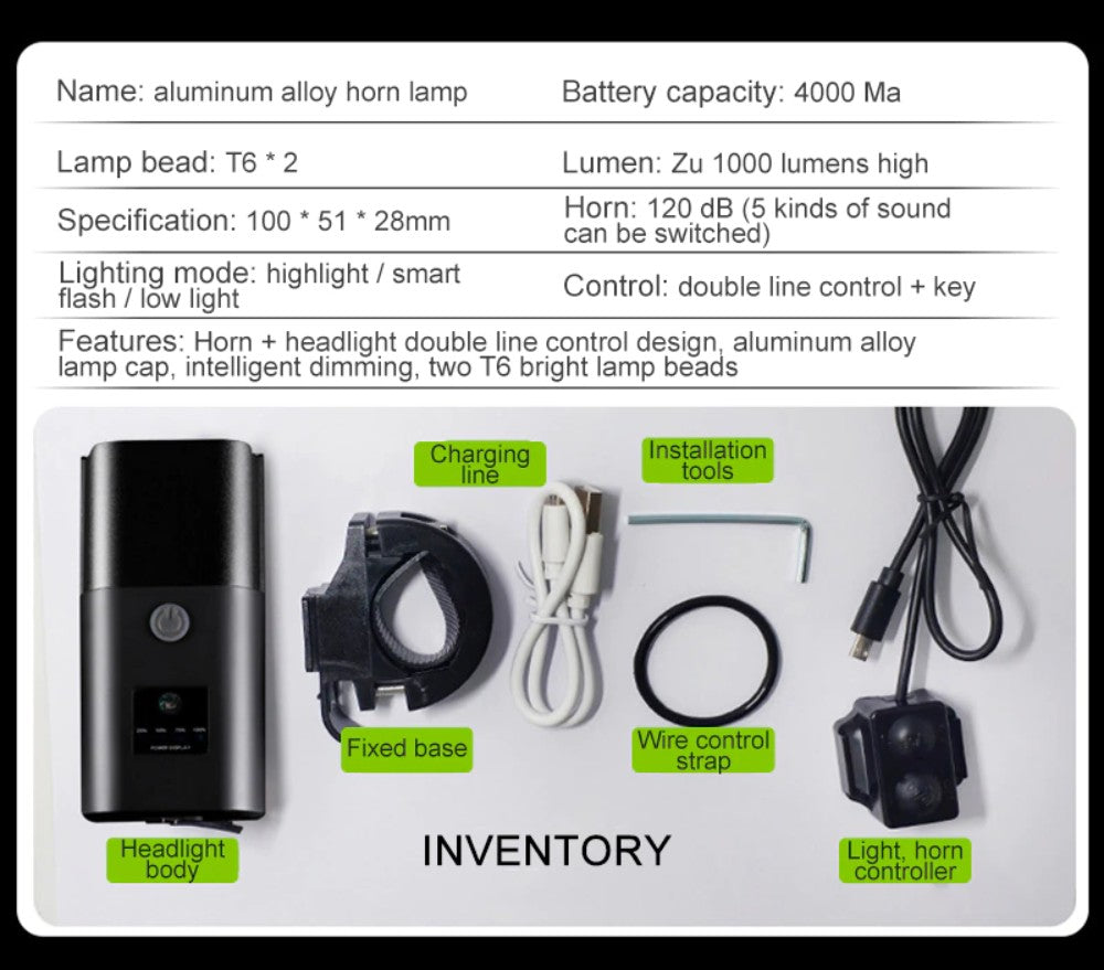 Copy of 800 Lumens Bicycle Light LED USB Rechargeable Headlight 4000mAh Smart Sensor Bike Front Light With Horn Bike Accessories