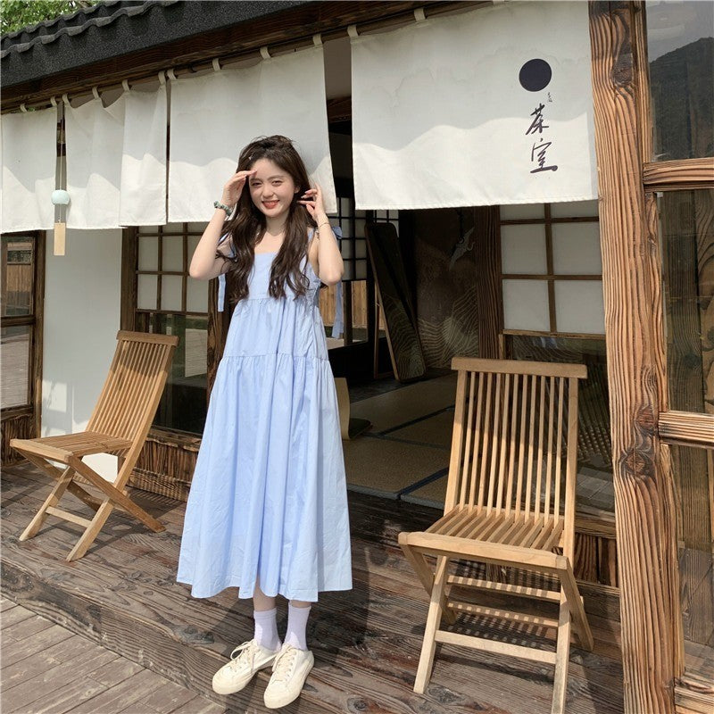 Korean Women High Waist Square Collar Temperament Loose Sleeveless Suspender Fashion Pullover Sweet Solid Color Dress