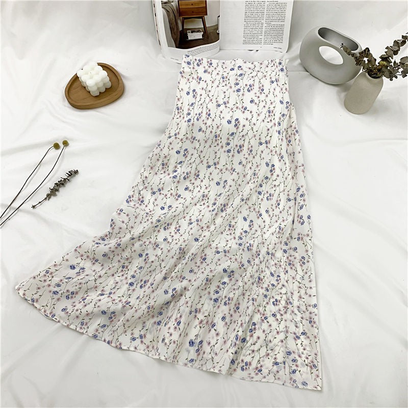 Korean Style Women Ladies Summer Chiffon Floral High Waist A-line Maxi Long Skirts Vintage Female Color 3 2022 Design