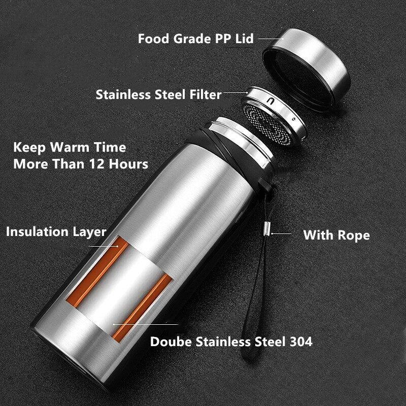 1500ml/1100ml/650ml Portable Double Stainless Steel Sport Travel Mug Large Capacity Vacuum Flask Coffee Tea Thermos