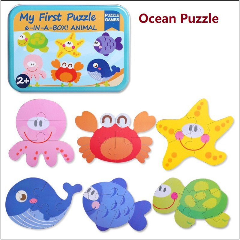 6-in-1 Jigsaw Cartoon Puzzle Games for Baby Toddler Early Education Tin Box Gift Educational Toy Cognitive Learning Anim