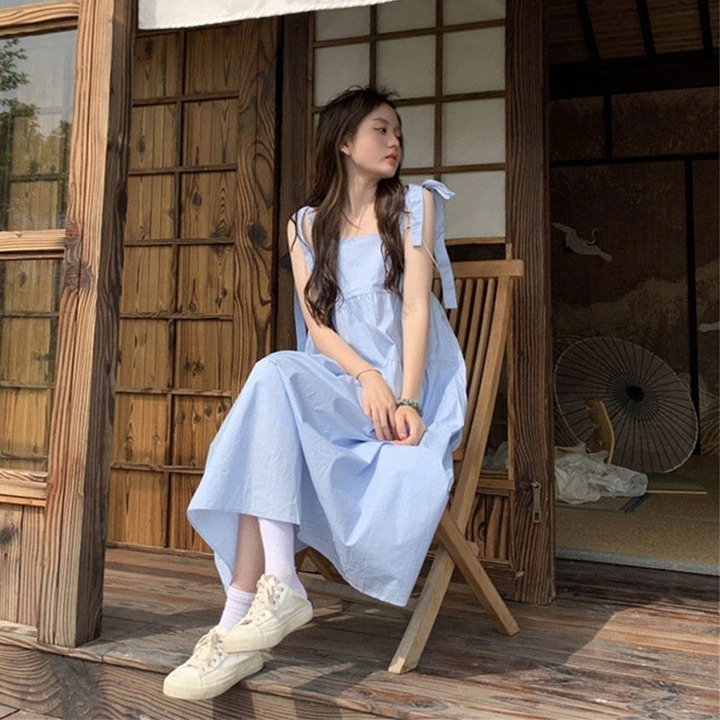 Korean Women High Waist Square Collar Temperament Loose Sleeveless Suspender Fashion Pullover Sweet Solid Color Dress