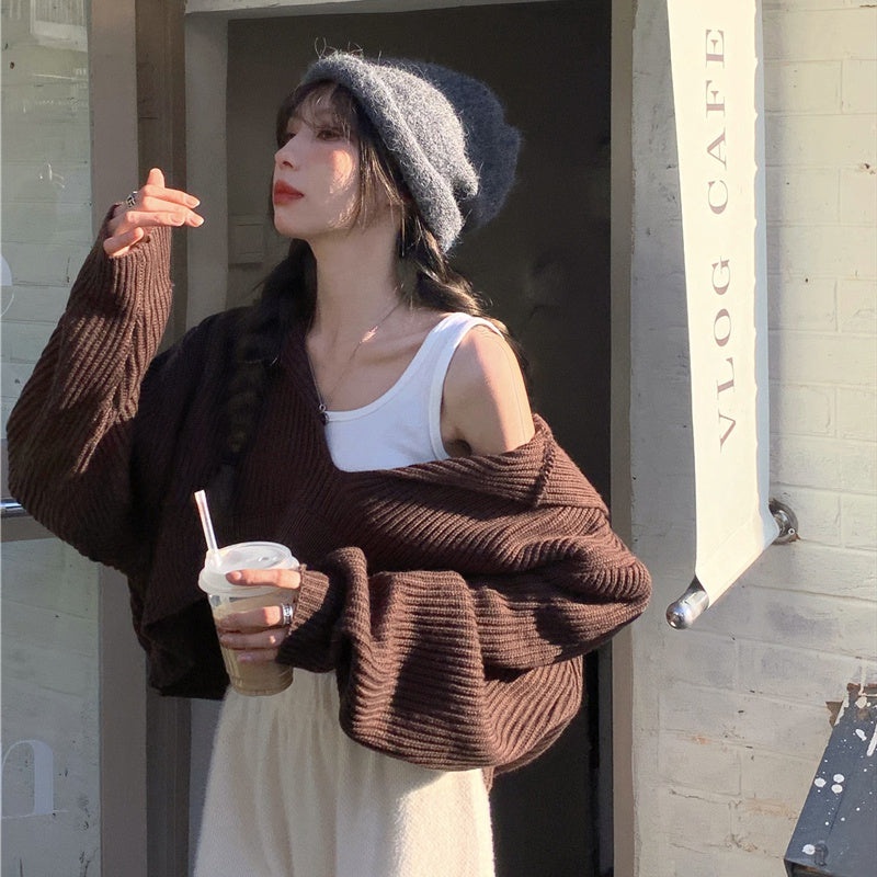 Coffee Color Women's Loose Fit V Neck Long Sleeve Knitted Sweater Cropped Top Pullover for Autumn Winter Clothing Outfit