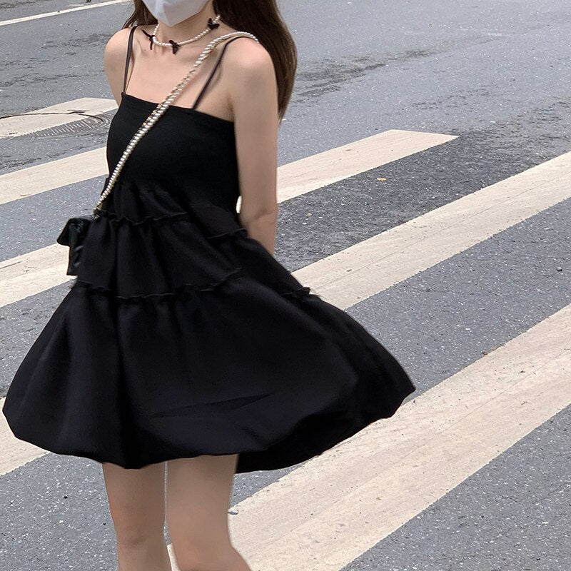 Sweet Spice Girl Little Black Dress Suspender Female Spaghetti Strap Short Skirt Korean Summer Casual Stylish Streetwear