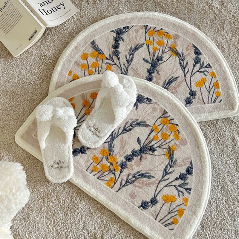 ins Style Room Bathroom Carpet Flower Semicircle Waterproof Anti-Slip Absorbent Plush Floor Mat Yellow Flower Plant Rug