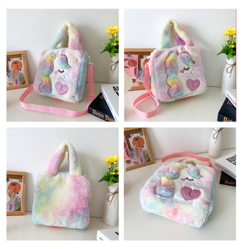 Children's Plush Waist Bag Unicorn Cartoon Shoulder Messenger Multicolor Cute Girls Rainbow Unicorn Embroidered Pattern