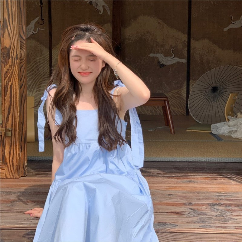 Korean Women High Waist Square Collar Temperament Loose Sleeveless Suspender Fashion Pullover Sweet Solid Color Dress